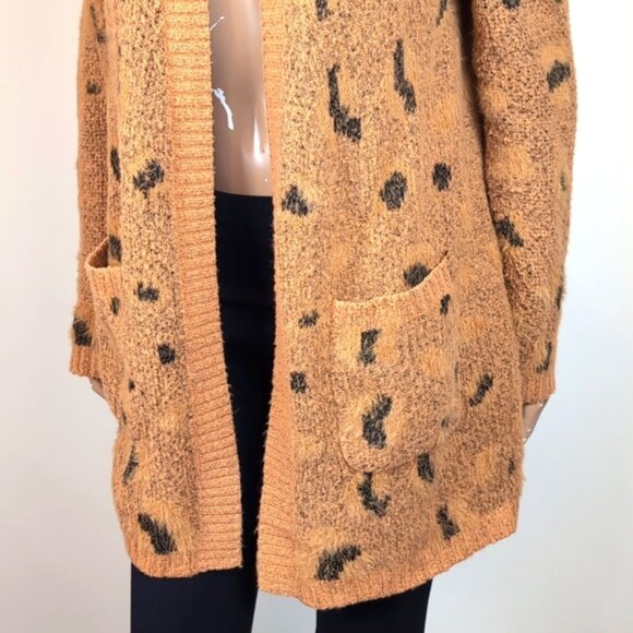 Woven Heart Open Longline Cardigan Sweater Fuzzy Leopard Print Winter Knit - Picture 3 of 11